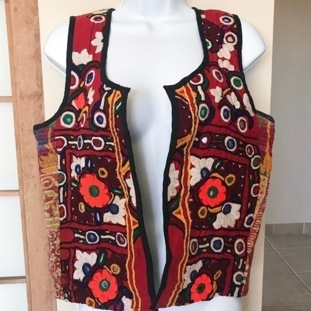 Pachamama Bohemian Handmade Embroidered Mirror Work Vest Small